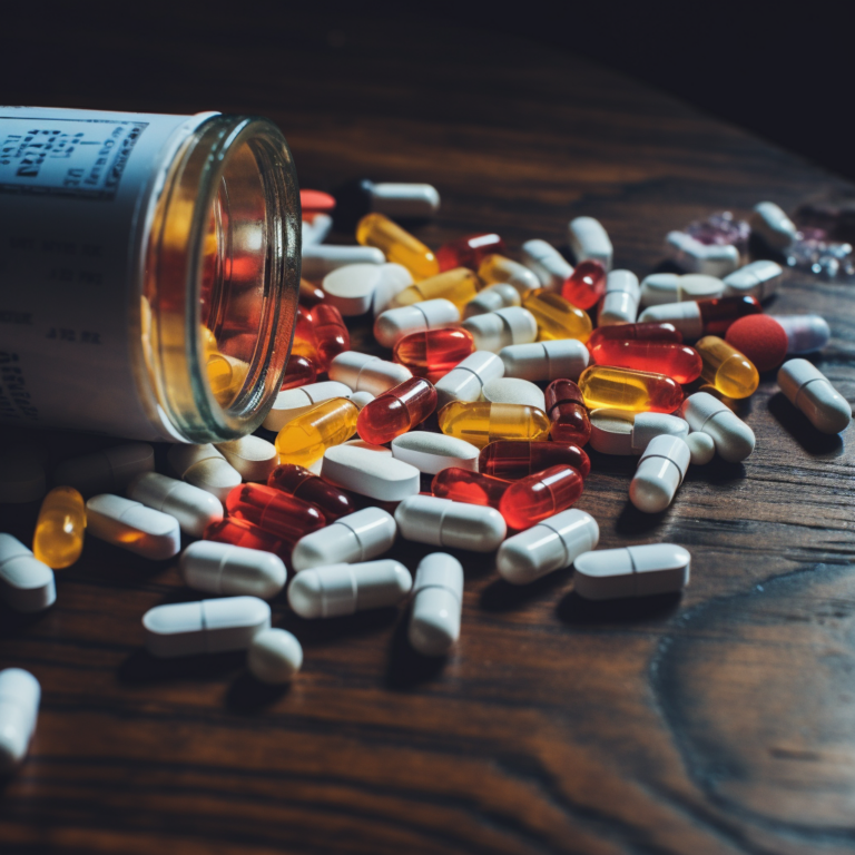 A prescription pill bottle with pills spilling out that a Pharmaceutical drug injury lawyer might use as evidence in a case to secure victory for a client.