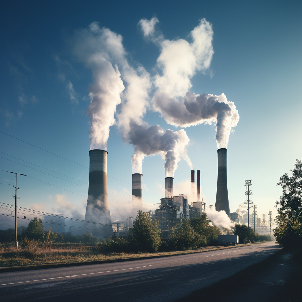 Industrial smokestacks with visible emissions, contrasted against a clear sky. The kind found in a toxic tort personal injury case