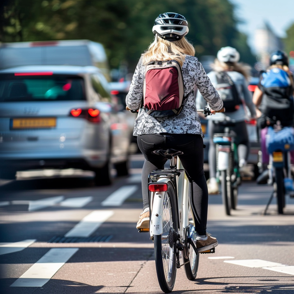 A cyclist safely navigating high-traffic areas showing how to bike safely to prevent accidents.