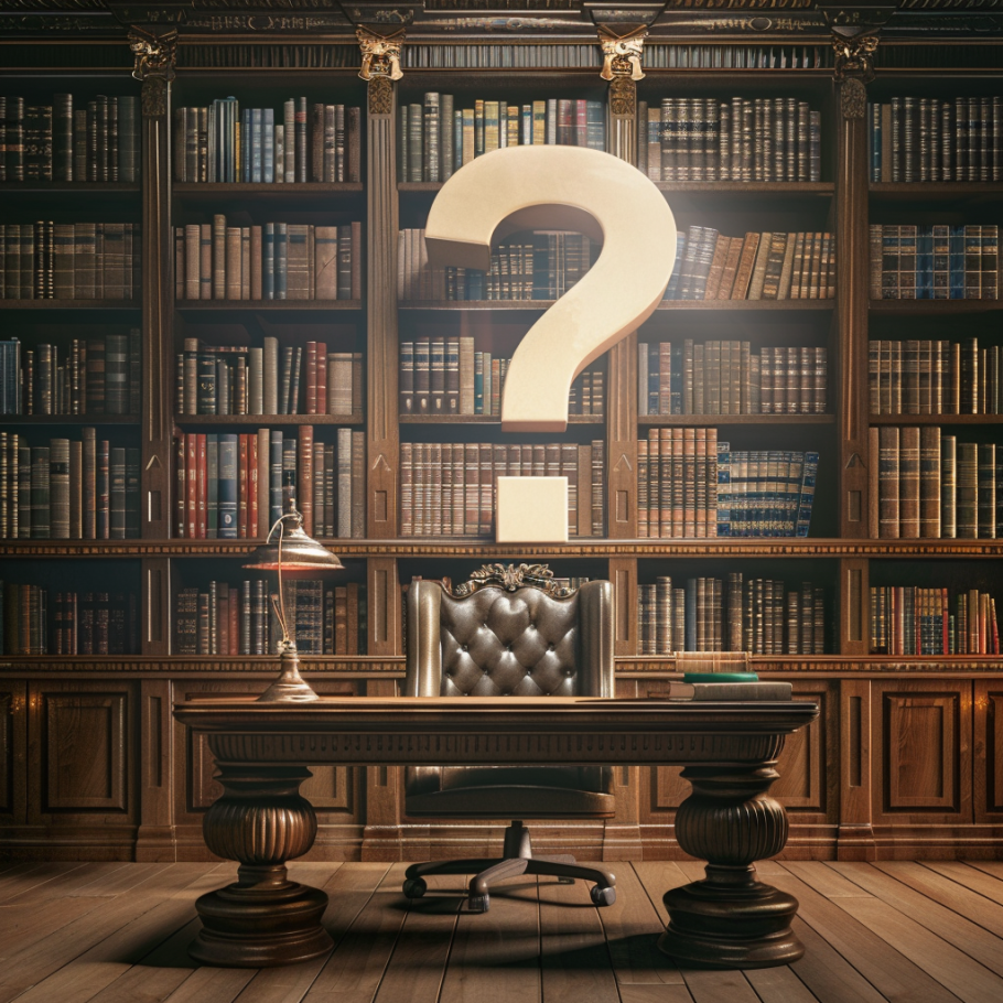 A legal desk with a question mark above it, showing that there are many myths regarding personal injury law, and it's helpful to have personal injury myths debunked.