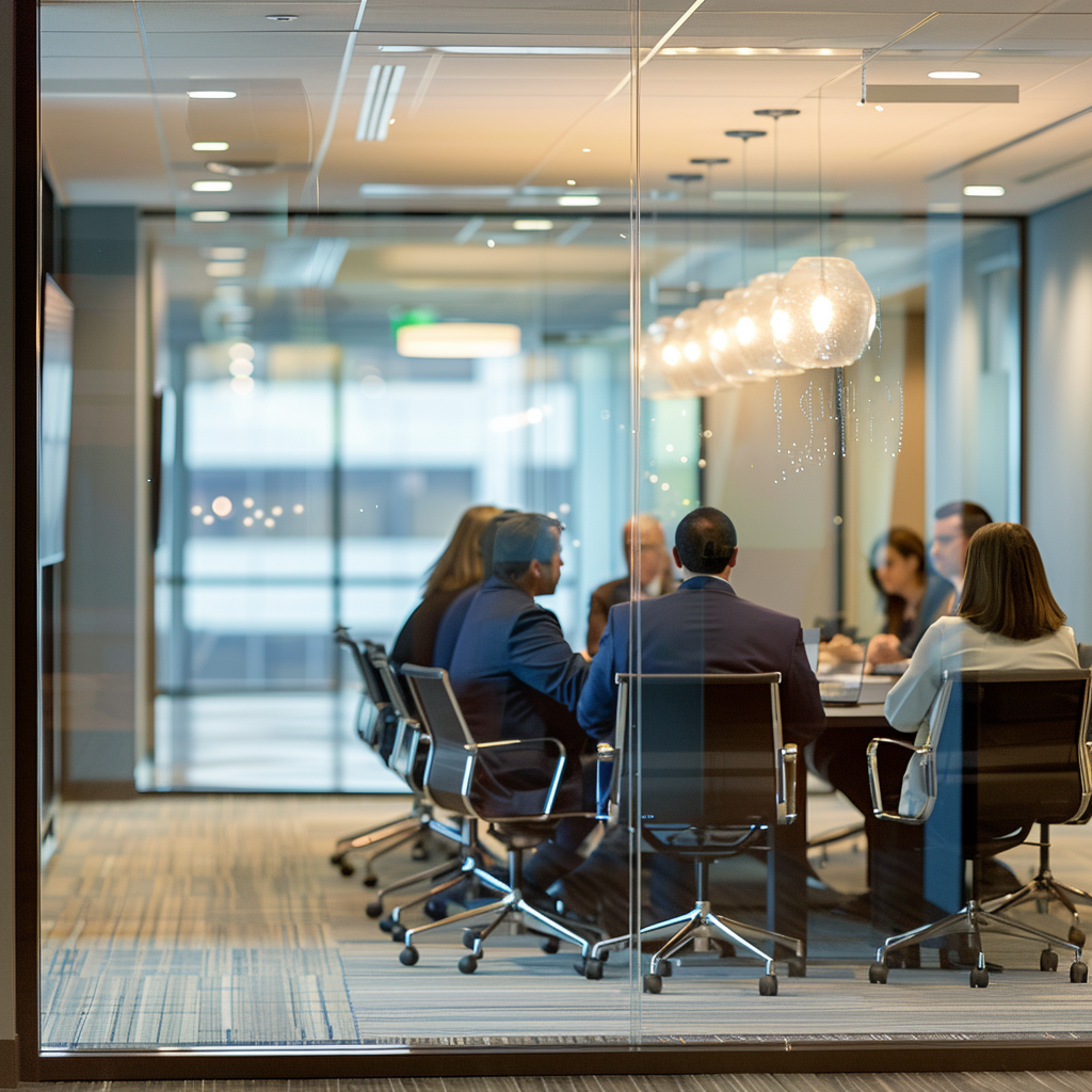 A photo of executives sitting around a conference table behind glass walls, negotiating a personal injury settlement.