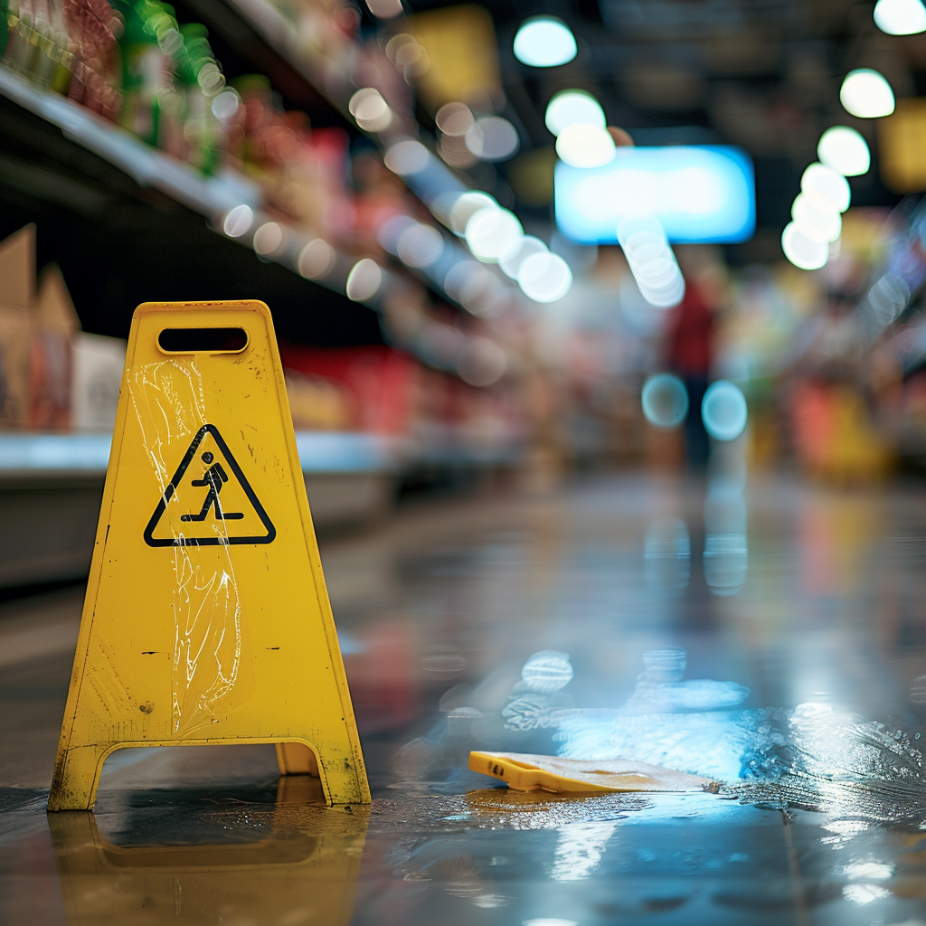 a yellow caution sign on the floor, showing wet floor, the kind you would find in a slip and fall personal injury case.