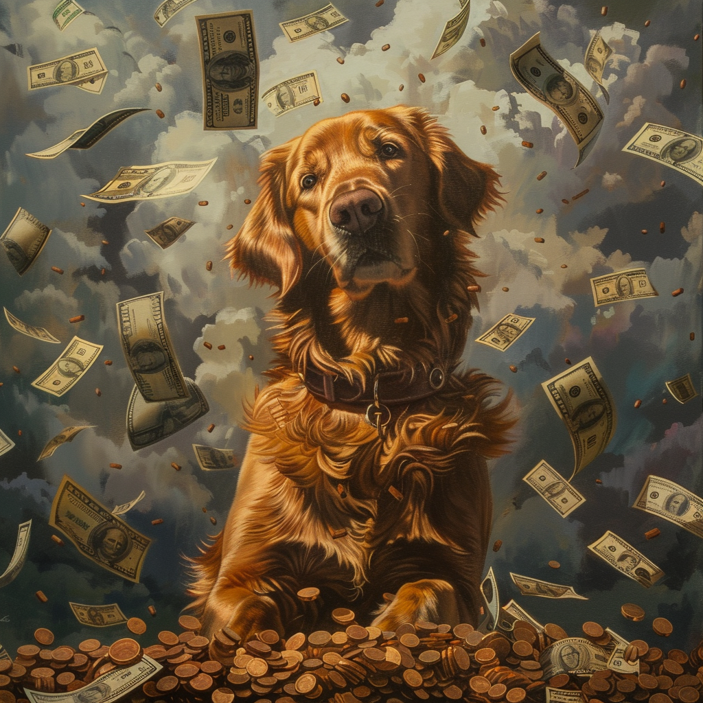 A dog surrounded by American currency, floating in the air around the dog.