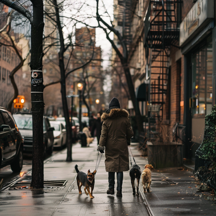 A person walking dogs down a city sidewalk.