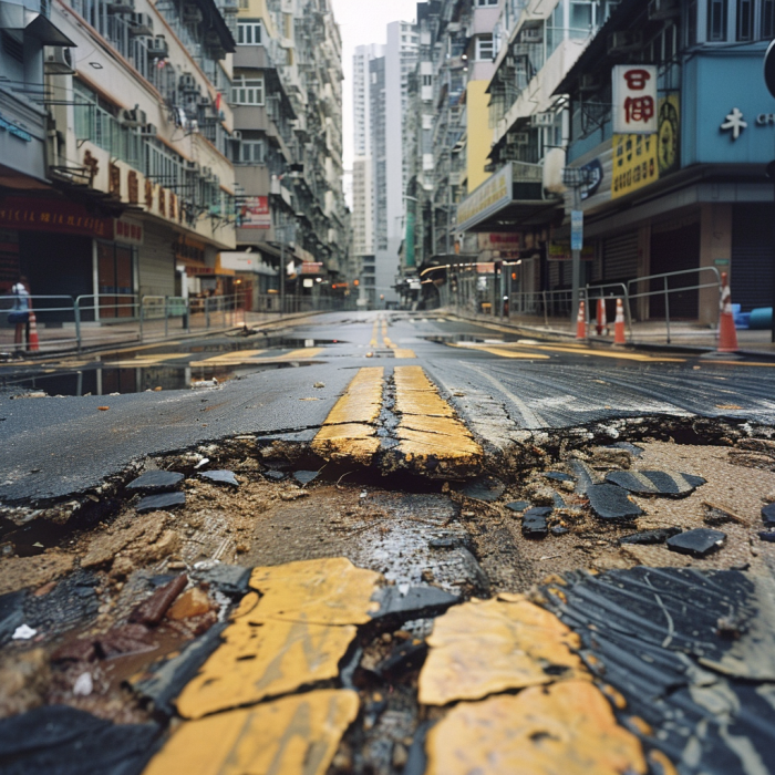 A city road in poor condition, illustrating the effect that damaged roads have on car accidents.