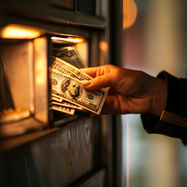 a hand putting money into a machine, withdrawing money, demonstrating the cost of personal injury lawsuits.