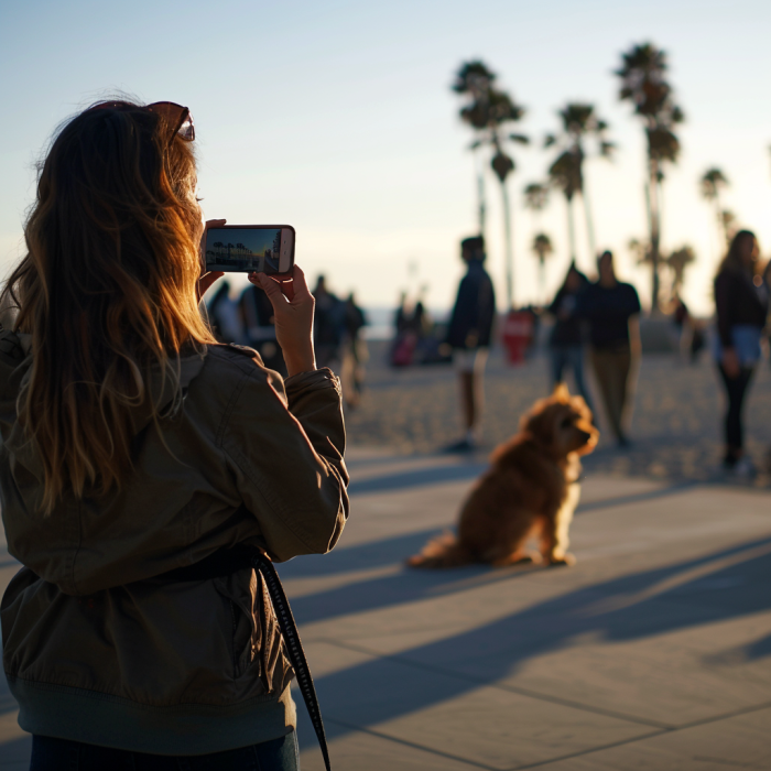 A woman taking a picture of a dog.