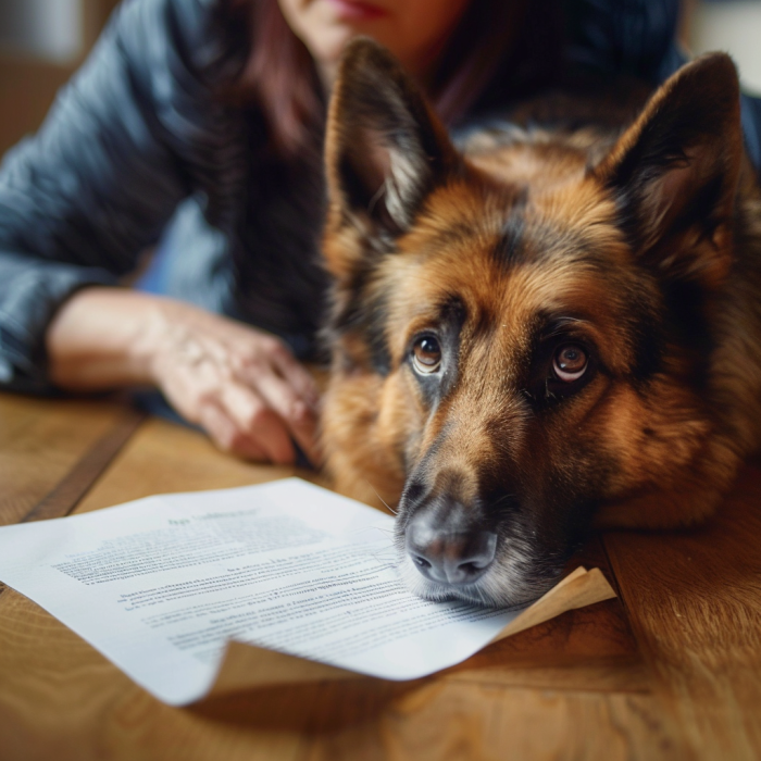 A sad dog in front of Essential Documents You Need for Your Dog Bite Claim that Goldfaden Benson can help with.