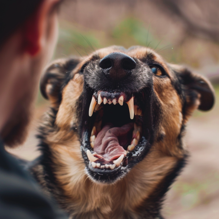 The psychological impact of dog bite cases as shown by a dog baring it's teeth at someone.