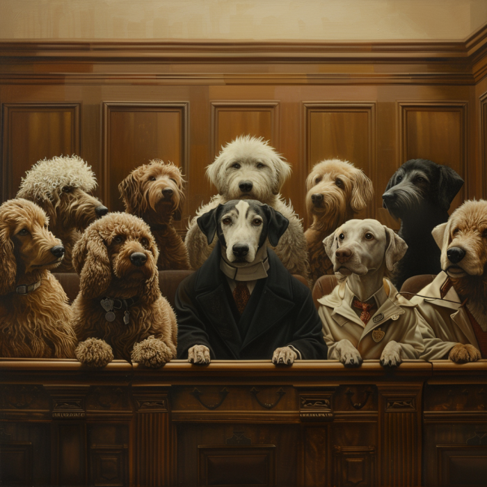 A jury of dogs, showing the top 4 defenses that could be used in dog bite cases.