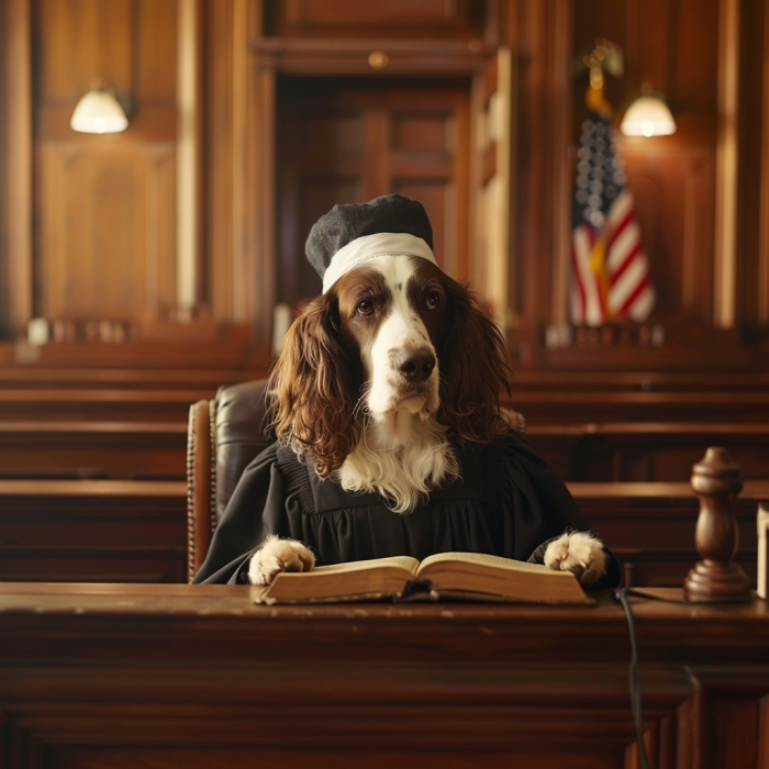 A dog dressed as a judge in a courtroom, demonstrating the 5 key factors that affect dog bite case outcomes.