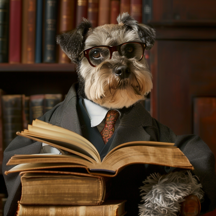 A dog dressed as a lawyer, demonstrating the education behind your legal rights after a dog bite.