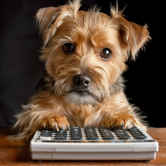 A dog using a calculator, showing the 4 critical things to consider when hiring a dog bite attorney.