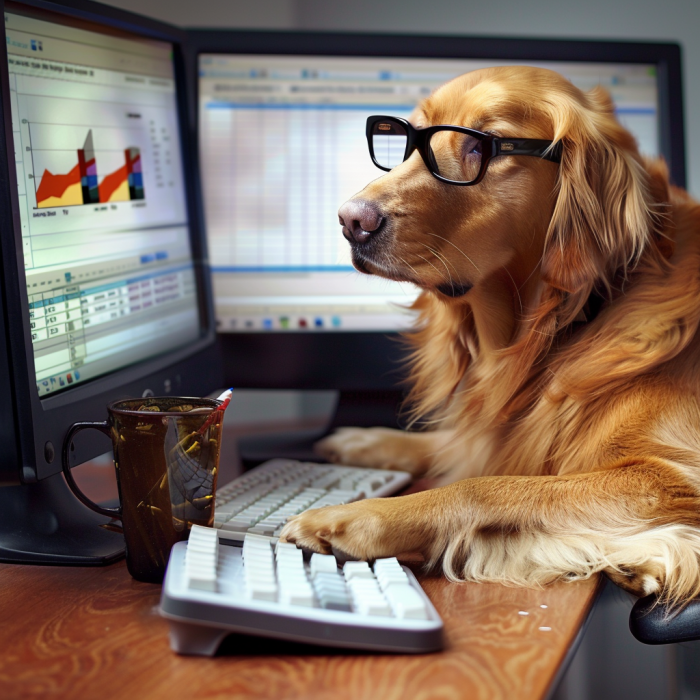 A funny picture of a dog at a computer demonstrating the economic cost of dog bites.