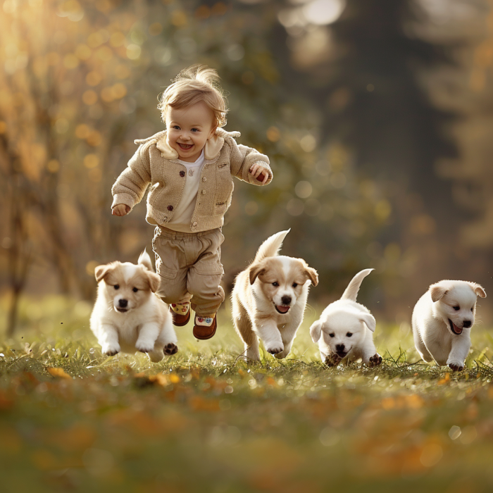 A cute kid with a group of puppies, demonstrating the happiness you will feel by strengthening your dog bite injury claim with Goldfaden Benson