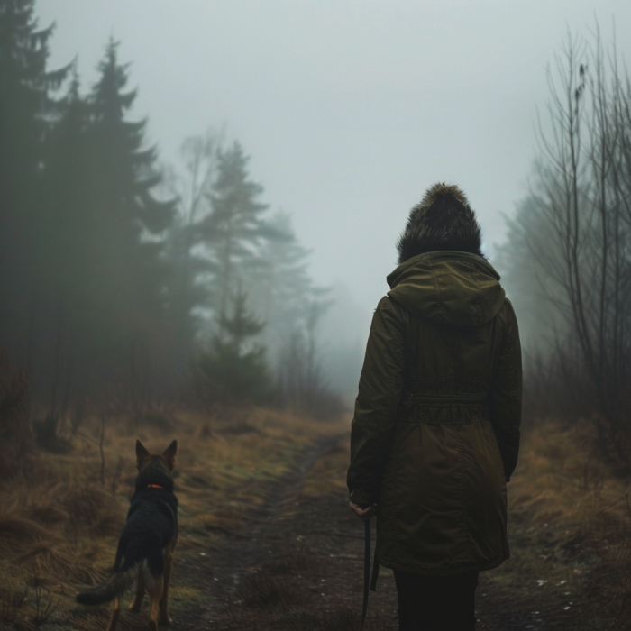 A person standing with their dog on a walk.