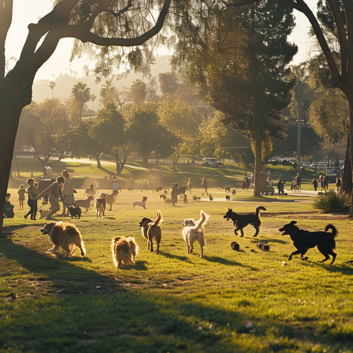 A dog park with dogs and people running and playing.