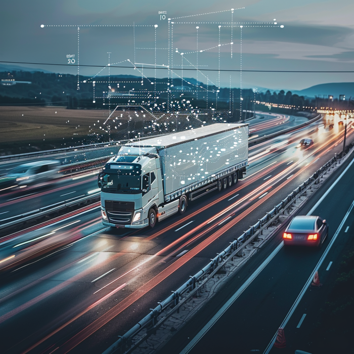 A truck traveling down the road with statistical measurements around it, demonstrating how statistics can be used to prevent trucking accidents.