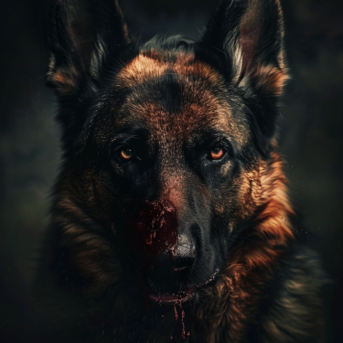 Angry looking german shephard dog with blood on his muzzle that might indicate a dog bite incident that Goldfaden Benson law firm would handle.