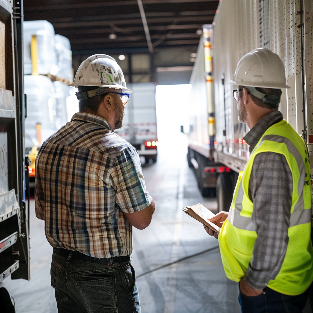 Two inspectors looking at the freight of an 18-wheeler truck to inspect it's contents and determine the weight.