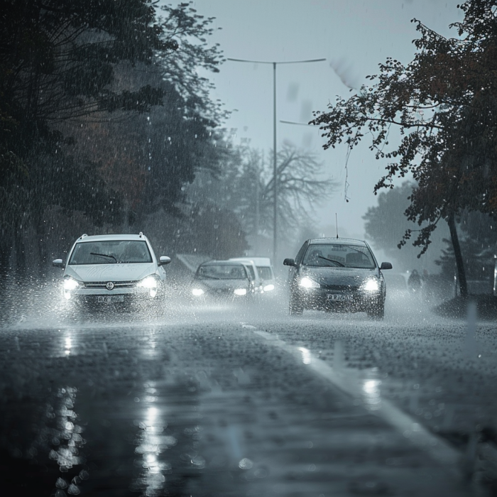 Cars driving on the road in bad weather.