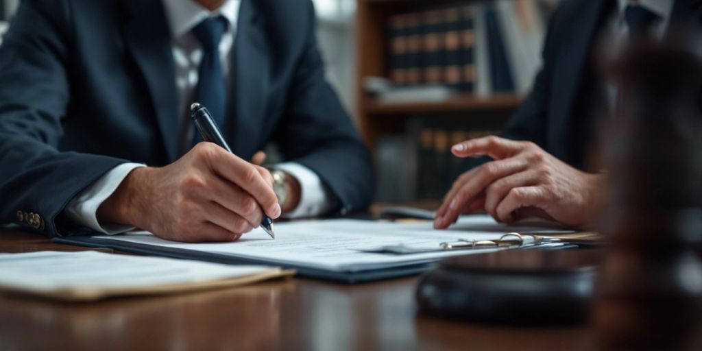 Two lawyers consulting in a professional office setting.