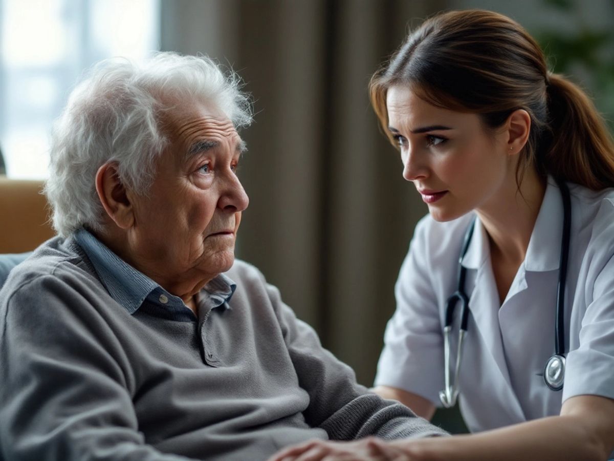 Nurse caring for elderly patient in hospital room.