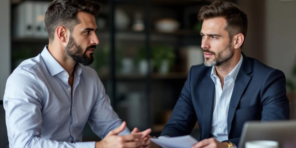 Attorney consulting with client in modern office.