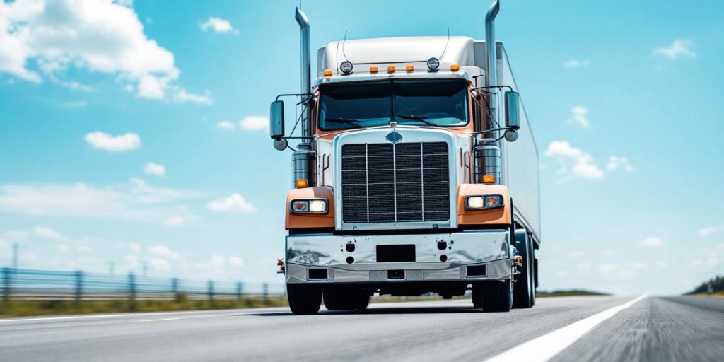 Large truck driving on an open highway under blue sky.