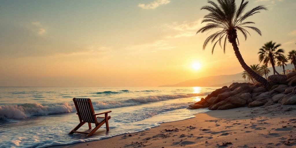 Empty beach chair at sunset in Cyprus.