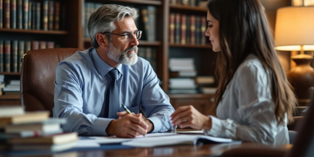 Attorney consulting with client in a legal office.