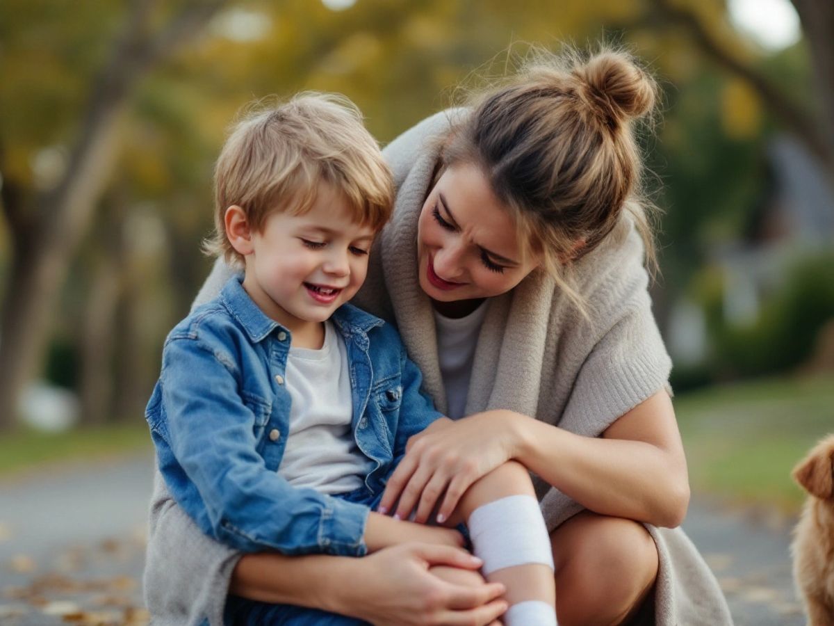 Mother comforts boy with bandaged leg after dog bite.