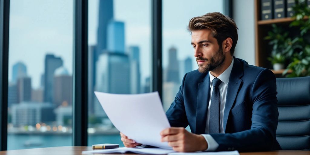 Attorney at desk with Chicago skyline in background.