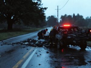 Car crash scene with emergency responders and wrecked vehicle.