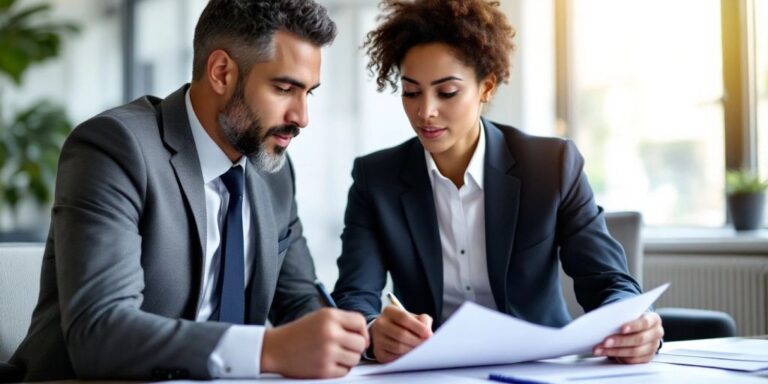 Attorney consulting with a client in a modern office.