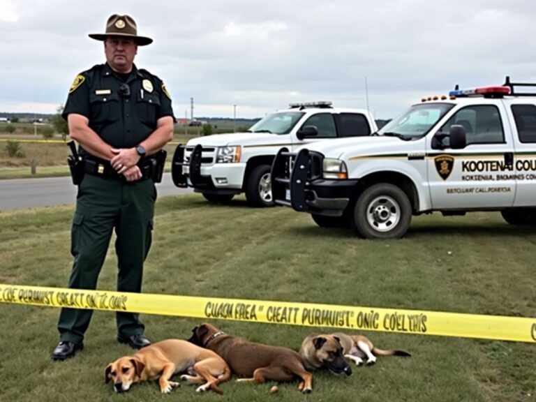 Deputy near two deceased dogs on grassy area.