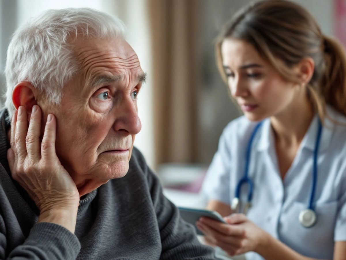 Caregiver and elderly patient in a nursing home setting.