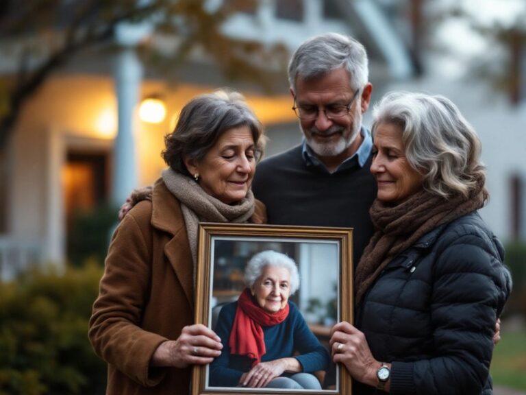 Family grieving outside nursing home with matriarch's photo.