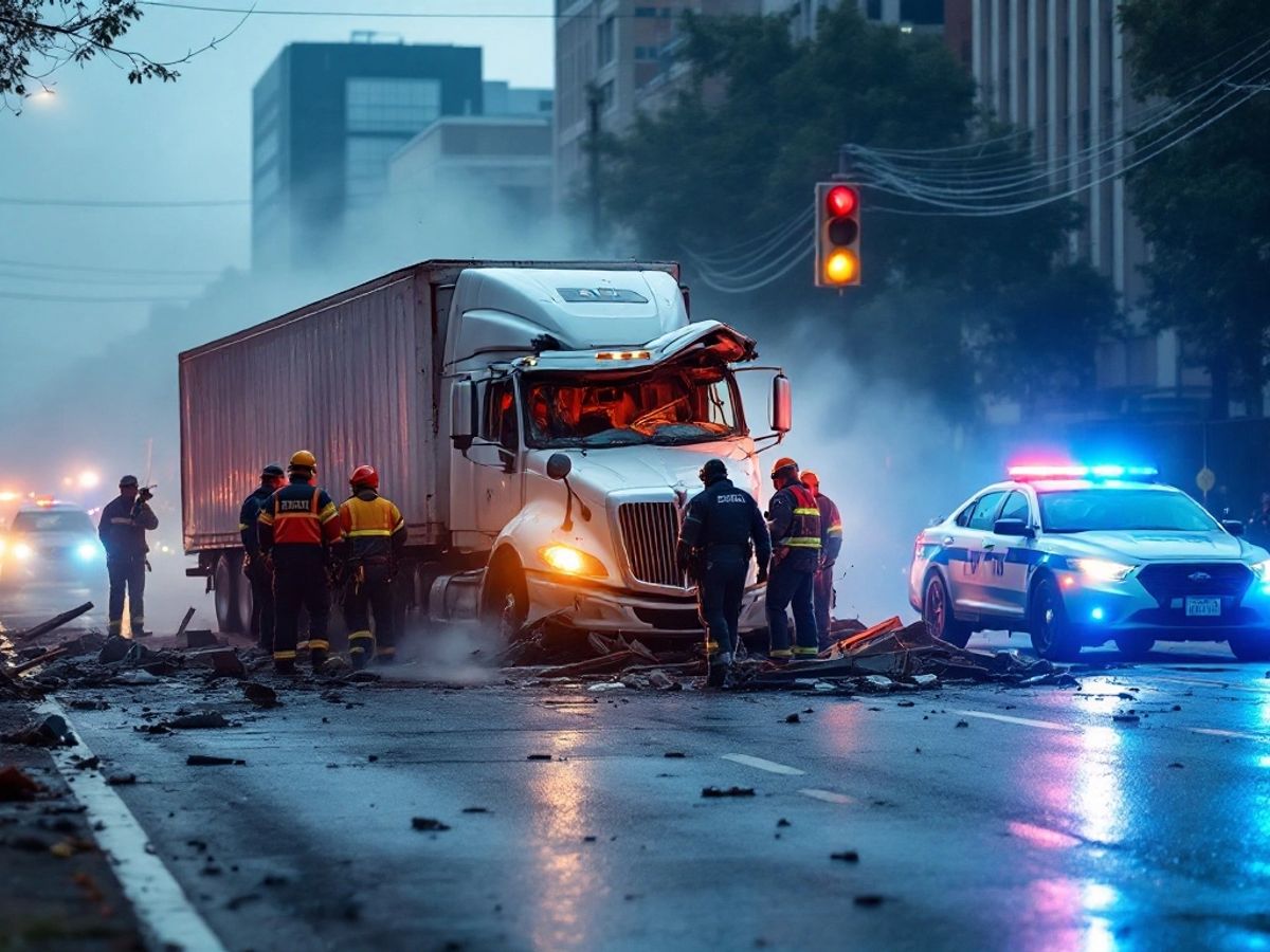 Truck crash scene with emergency responders and debris.