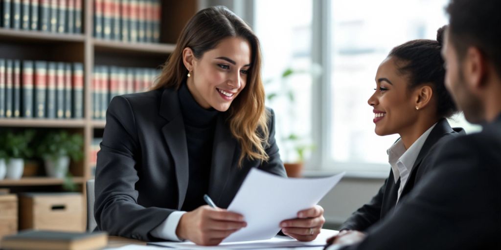 Attorney consulting with client in a law office.