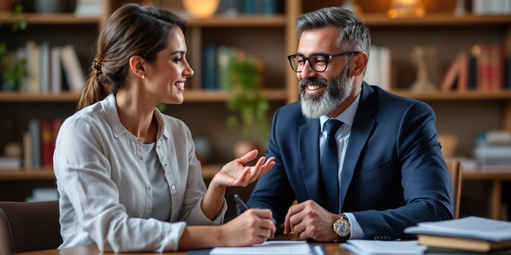 Attorney consulting with a client in a modern office.