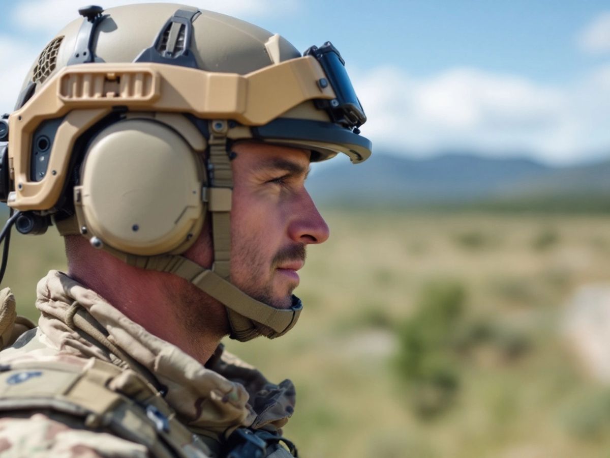 Military personnel using advanced headgear during training exercise.