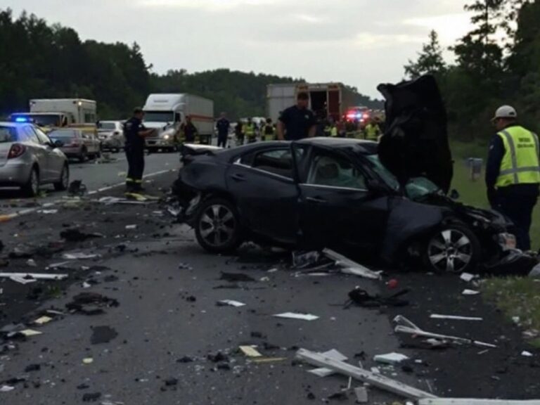 Damaged car and emergency responders at highway accident.