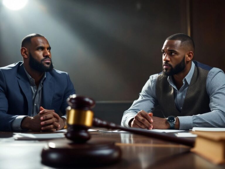 LeBron and Bronny James in a courtroom setting.