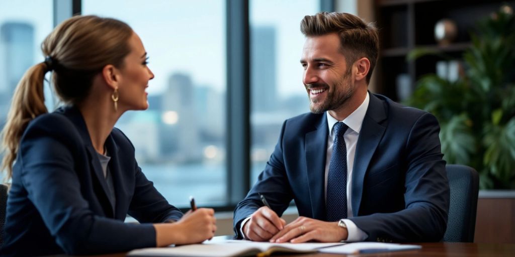 Lawyer consulting with a client in an office.