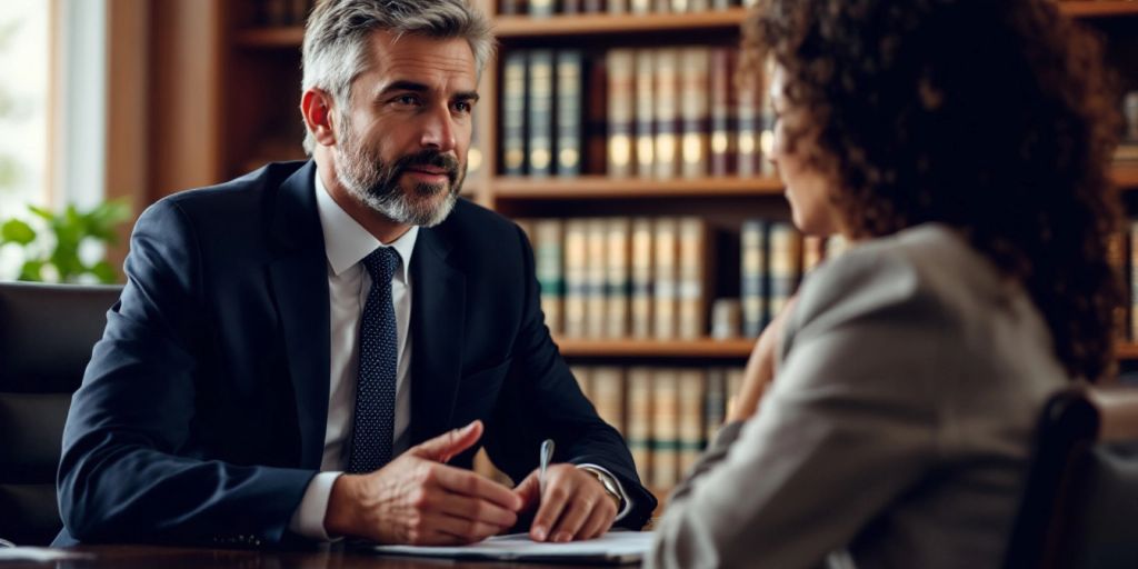 Lawyer consulting with client in an office setting.