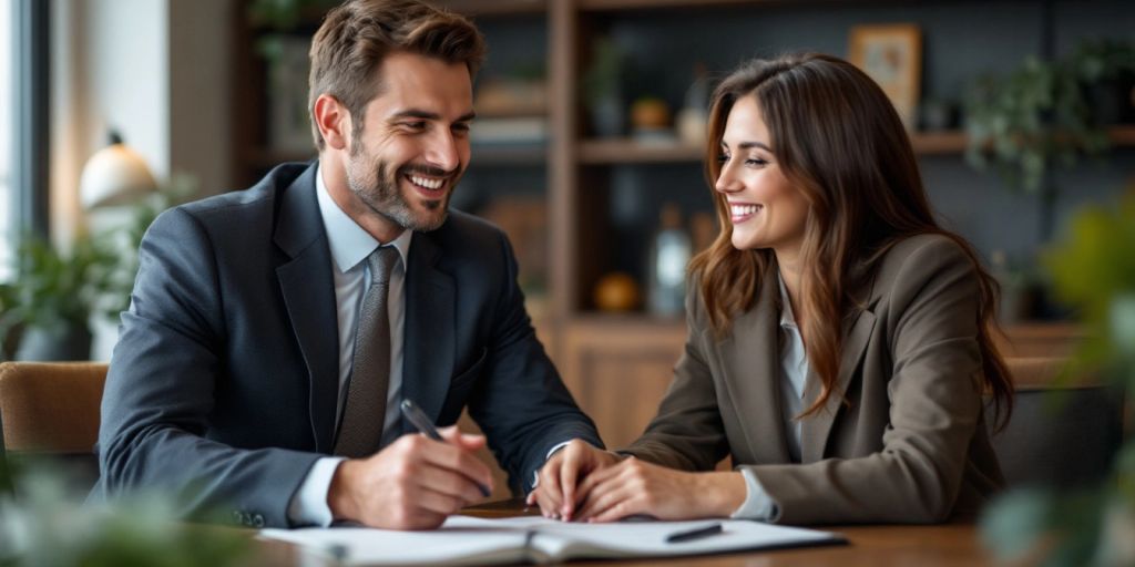 Lawyer consulting with client in a professional office.