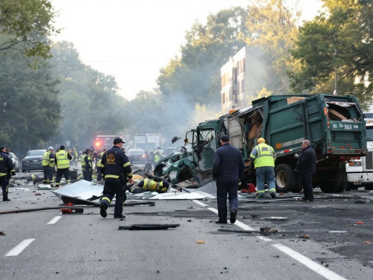 Crash scene with semi-truck and garbage truck wreckage.