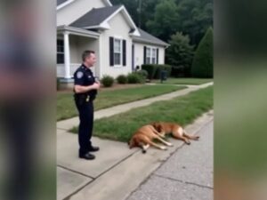 Police officer near house with two dogs on the ground.