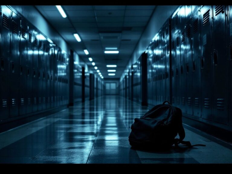 Empty school hallway with a lonely backpack on the floor.